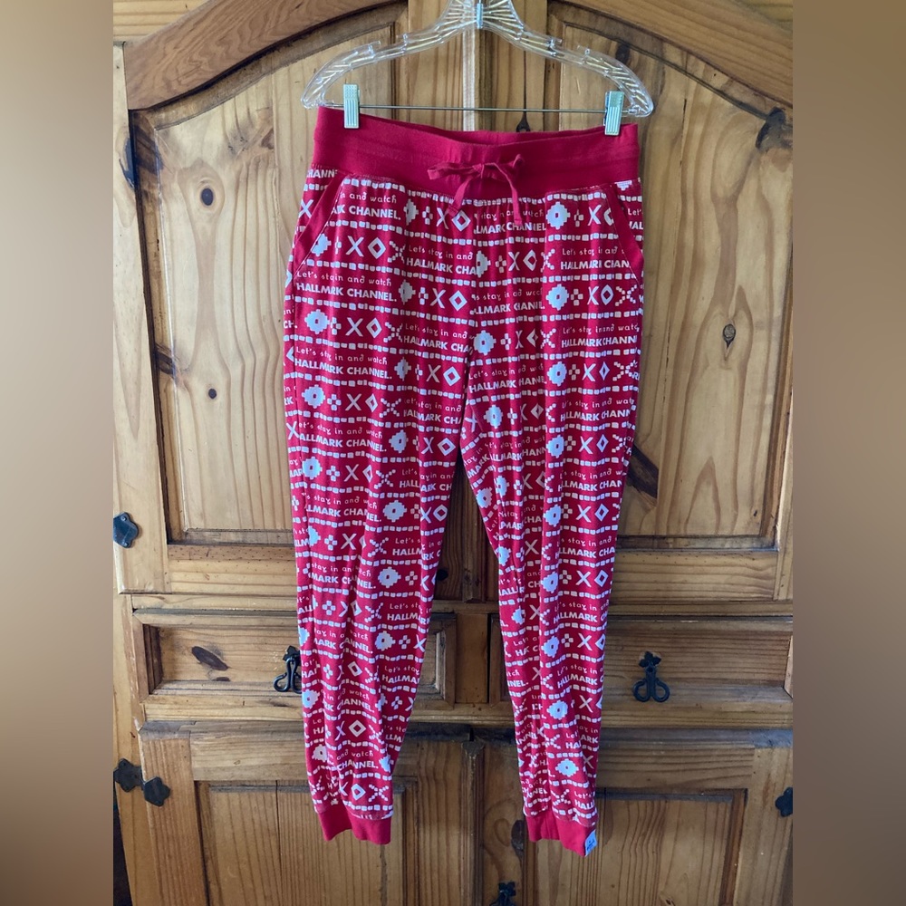 Women Hallmark Channel red white jogger pajama lounge pants size L